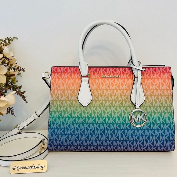 Michael Kors Purse Sheila Medium Ombré Signature Logo Satchel Rainbow - Picture 1 of 9